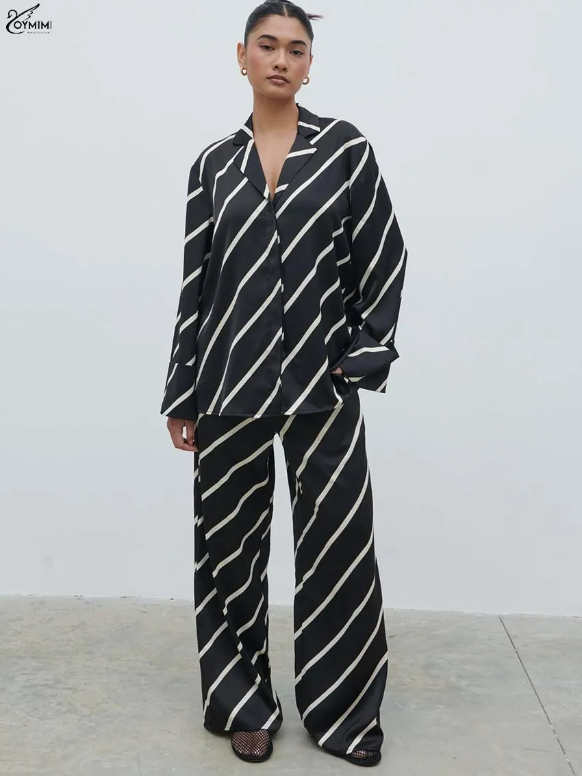 

Oymimi Elegant Black Print 2 Piece Sets Woman Outfit Fashion Long Sleeve Single Button Blouses + High Waist Drawstring Pants Set