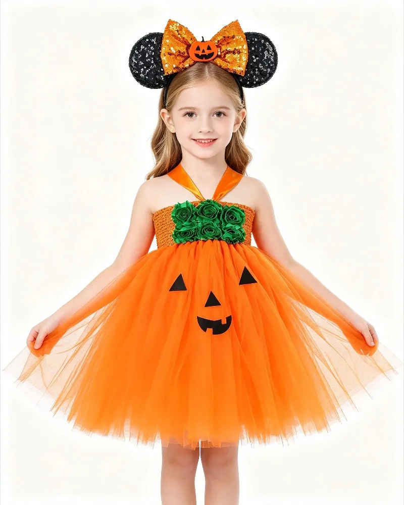 Halloween Tutu Dress Girls Orange Pumpkin with Headband for Carnival New Year Party Disguise Outfit Casual Dress For Festivals