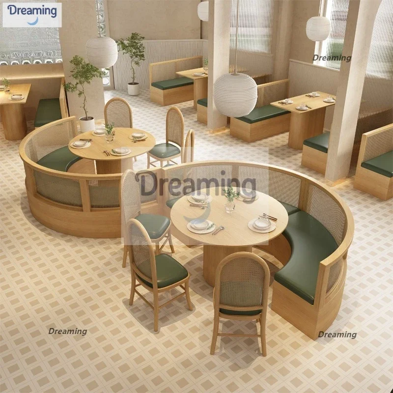 

Южная Восточная Азия Ресторан Карточное сиденье Диван Тематический ресторан Чайный домик Полукруглое сиденье для карточек Ресторан Столы из ротанга из цельного дерева