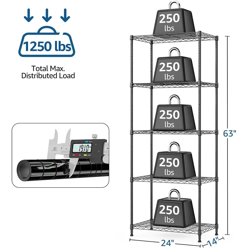 5-Tier Metal Storage Shelves with Wheels, Black, 13.7x23.6x62.4 for Garage, Kitchen, Bathroom, Laundry