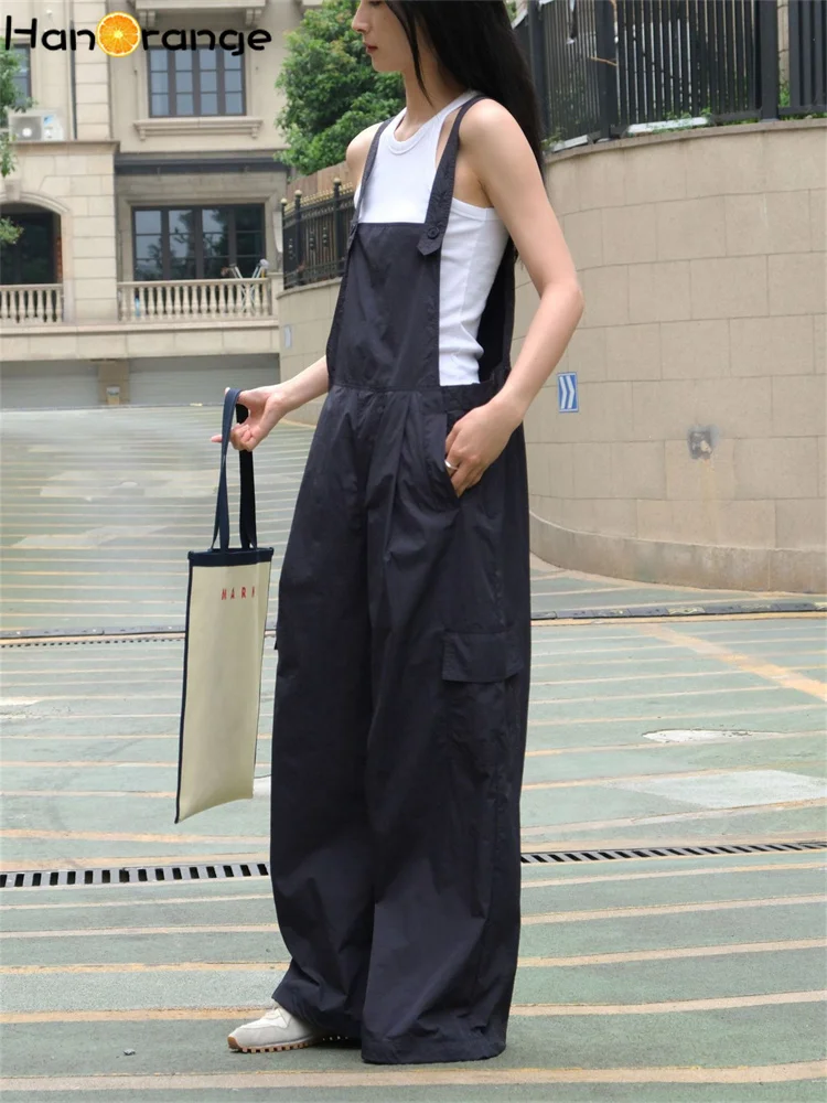 HanOrange 2024 Summer Outdoor Wide Leg Jumpsuits Loose Pockets Lightweight Cool Nylon Cargo Jumpsuits Grey Green/Dark Blue