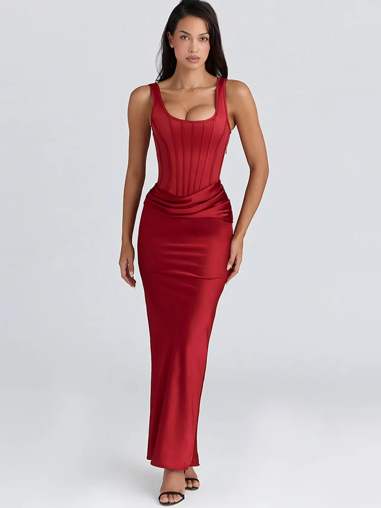 Oniflyme Sleeveless Satin Patchwork Bodycon Maxi Dress For Women Gown Elegant Backless Ruched Package Hip Party Wedding Dresses