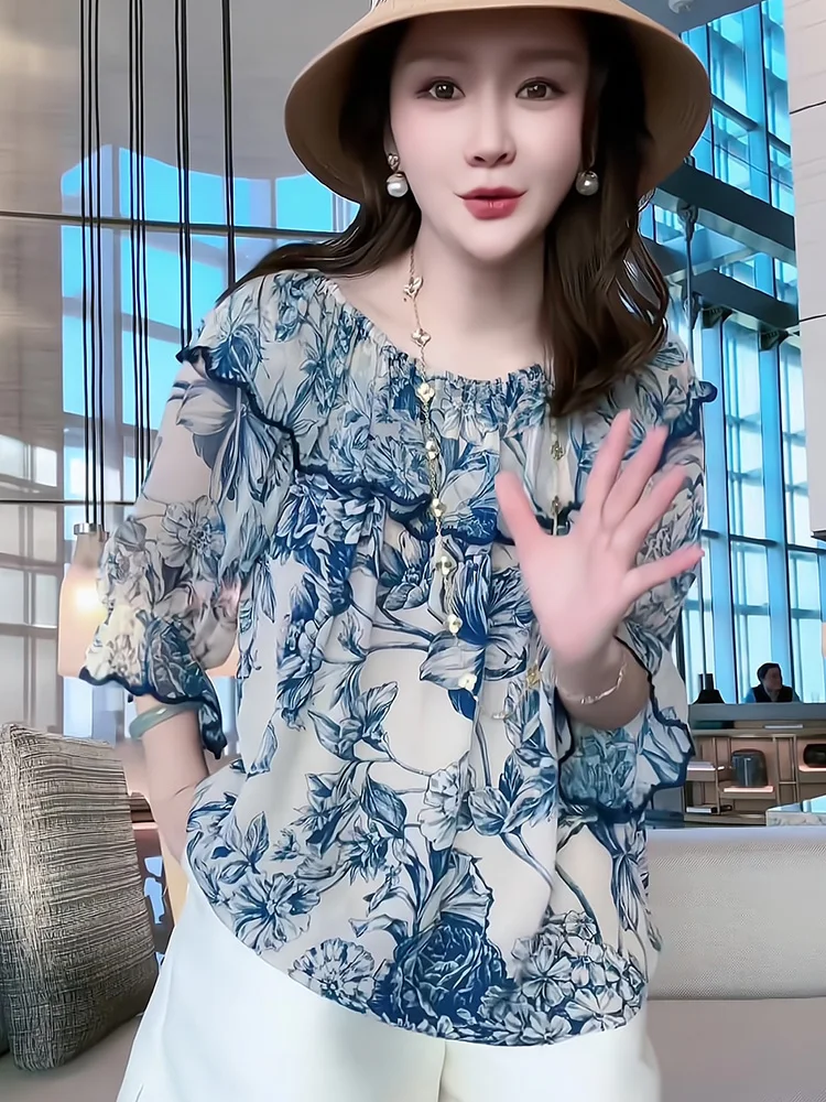 Chiffon Women\'s Shirt Summer Prints Vintage Blouses Loose Short Sleeve Women Tops O-neck Fashion Clothing 2024 Korean