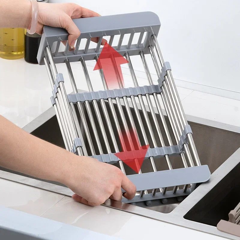 Kitchen Sink Drain Rack Stainless Steel Extendable Dish Drying Rack Drain basket Fruit Vegetable Washing Drainer Storage rack