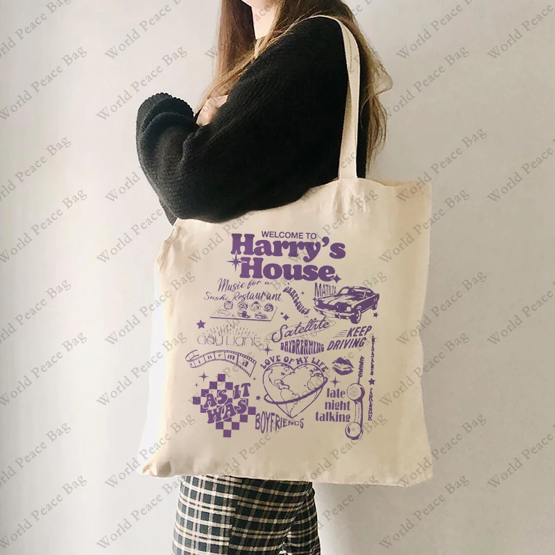 1 Pc Album Pattern Tote Bag Harry's House Canvas Shoulder Bag for Commute Women's Reusable Shopping Bag Folding Shoulder Bag