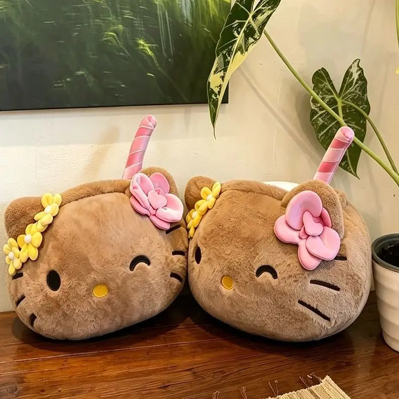 Hello Kitty Dark Skin Dai Yellow Flower Have Pipette Coconut Modeling Plush Stuffed Toy Cartoon Ornament Birthday Gift for Women