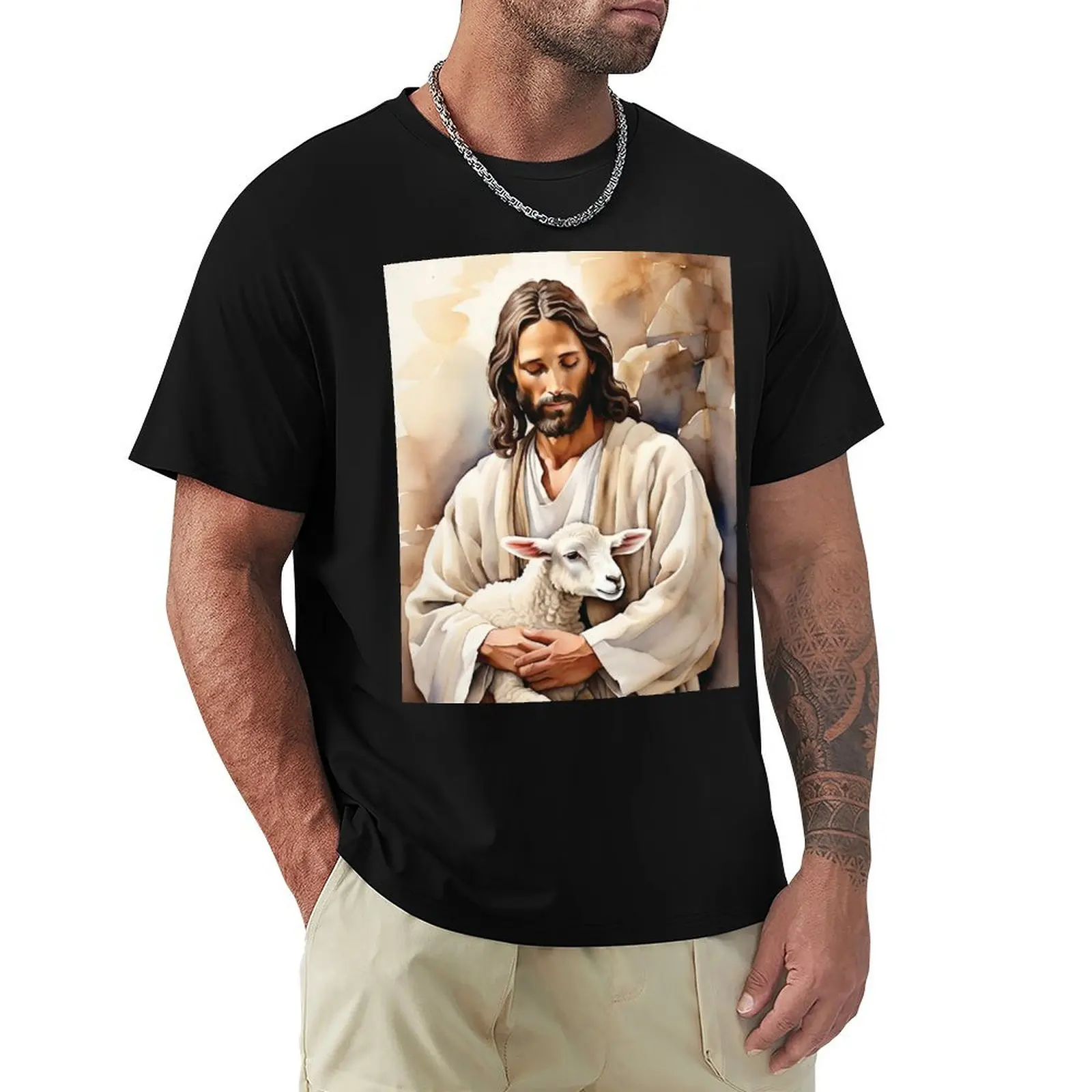 Christian Art: A Timeless Canvas Wall Art of Jesus and Lamb T-Shirt Casual All Match Tee Shirt for Men