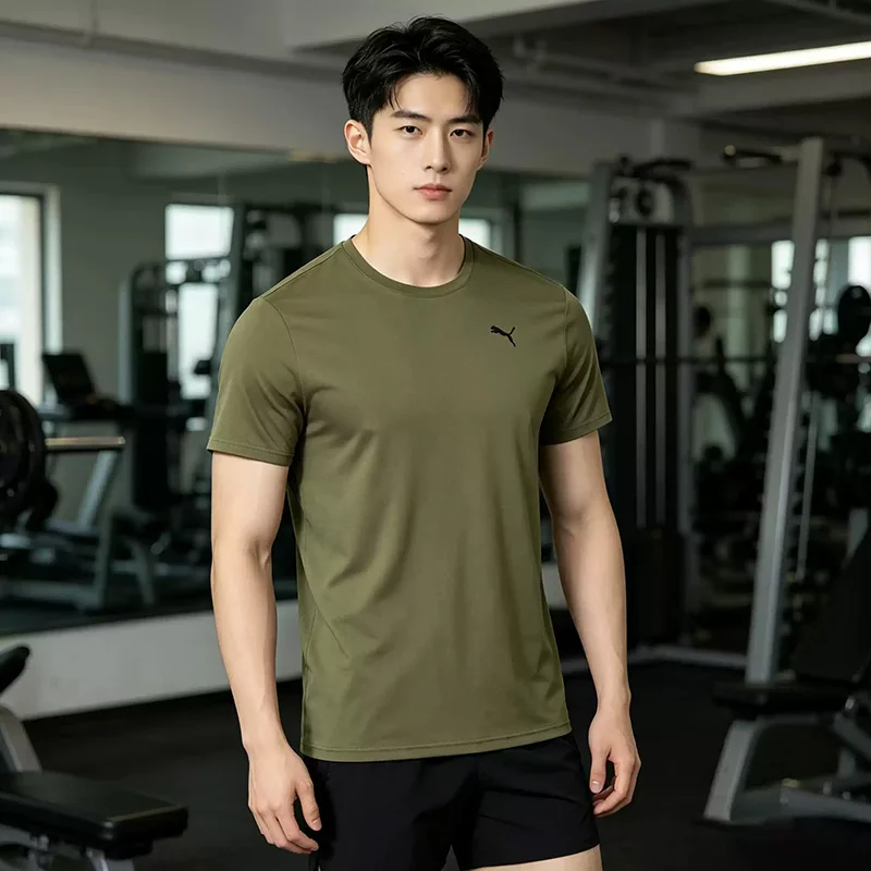 Puma military green moisture-wicking short-sleeved T-shirt for men, fitness wear, round-neck top, half-sleeve 527344-81