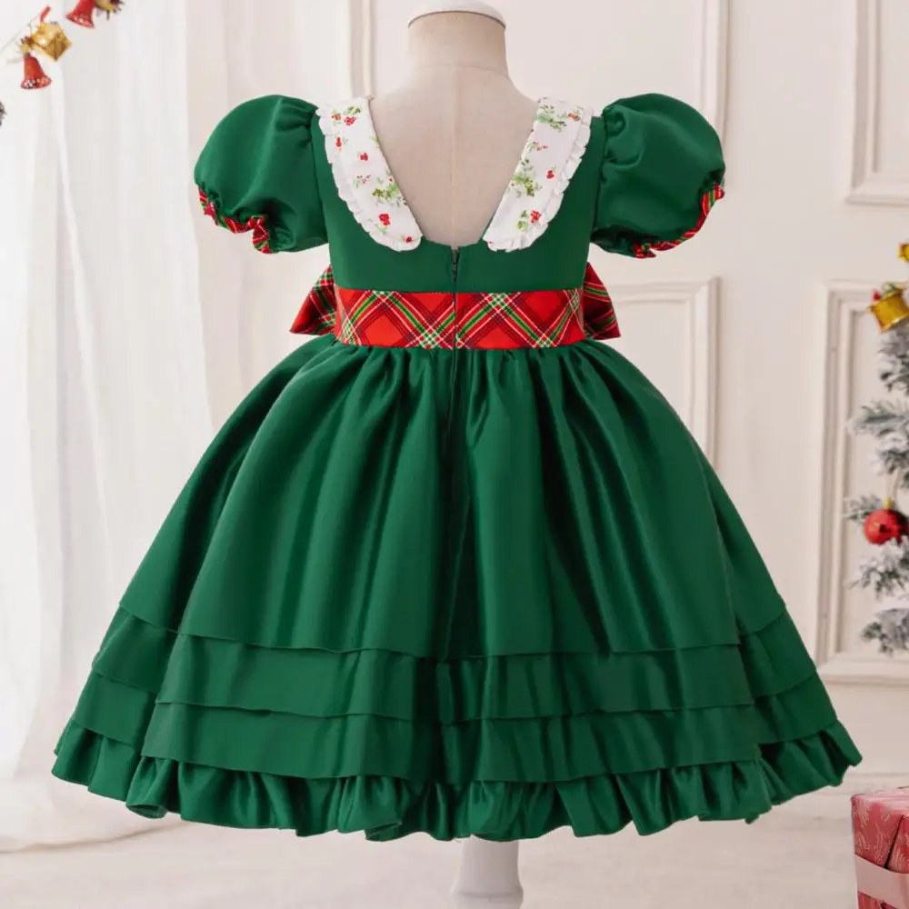 Girl's New Color Blocked Checkered Big Bow Bubble Sleeve Doll Collar Princess Dress Christmas Sweet and Cute New Year Dress