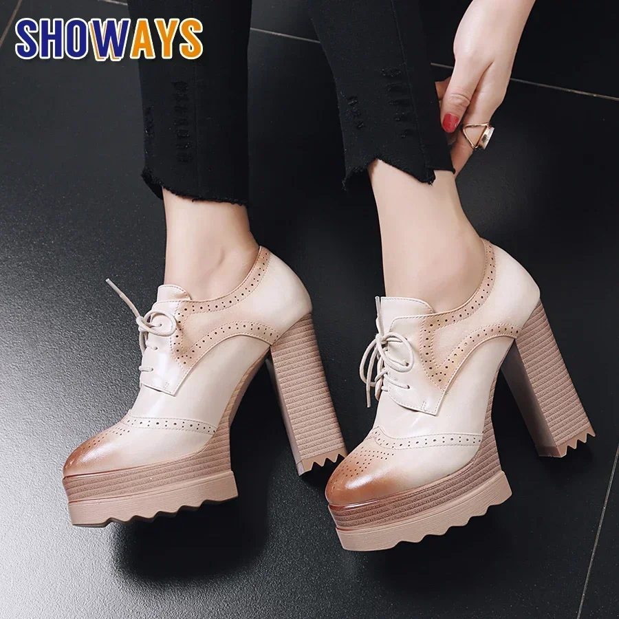 

British Women Platform Pumps Pink Black Microfiber Round Toe High Chunky Heels Derby Vintage Casual Party Lace-up Oxford Brogues