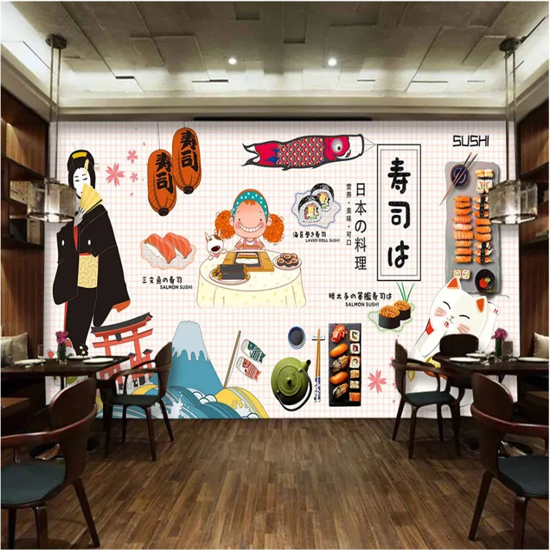 Japanese Style Cuisine Sushi Restaurant Industrial Decor Mural Wallpaper 3D Cartoon Hand Painted Wall Paper 3D Papel De Parede