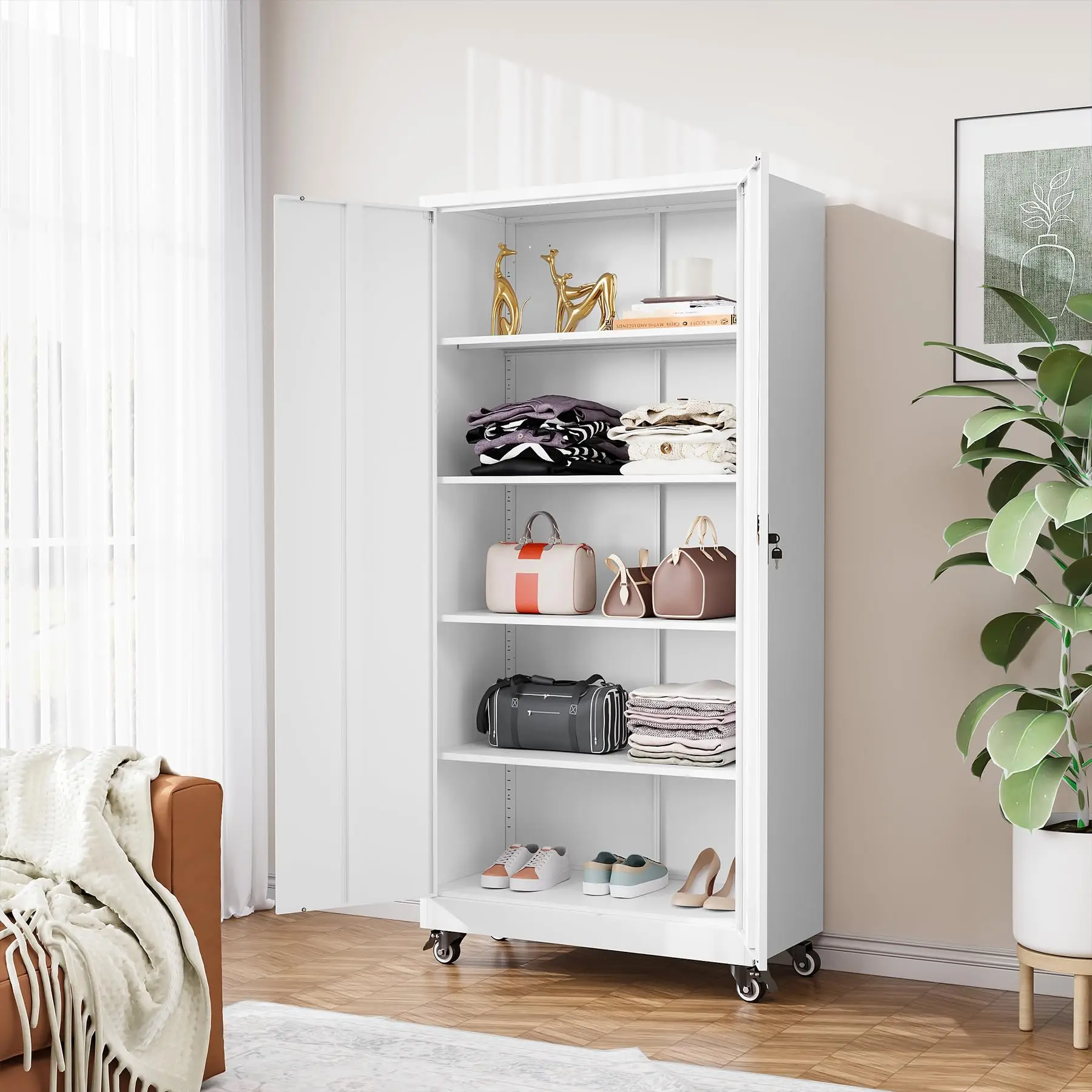 Metal Garage Storage Cabinet with Wheels,Metal Storage Cabinet with Adjustable Shelves,Steel Tool Cabinets with Locking Door