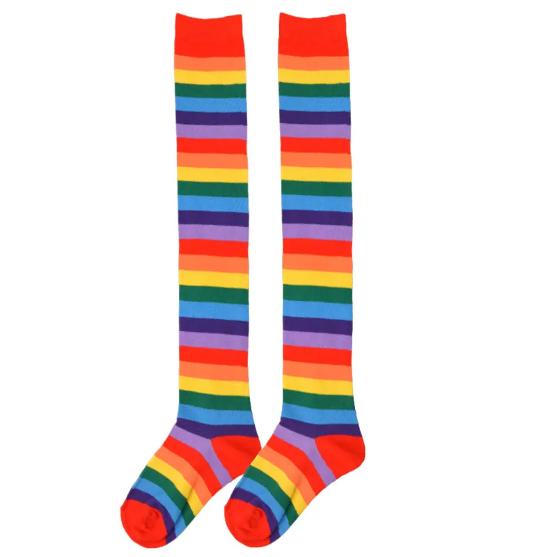 Women Girls Over Knee Long Stripe Printed Thigh High Cotton Socks Sweet Rainbow Stockings Cosplay Costume Lolita Long Socks