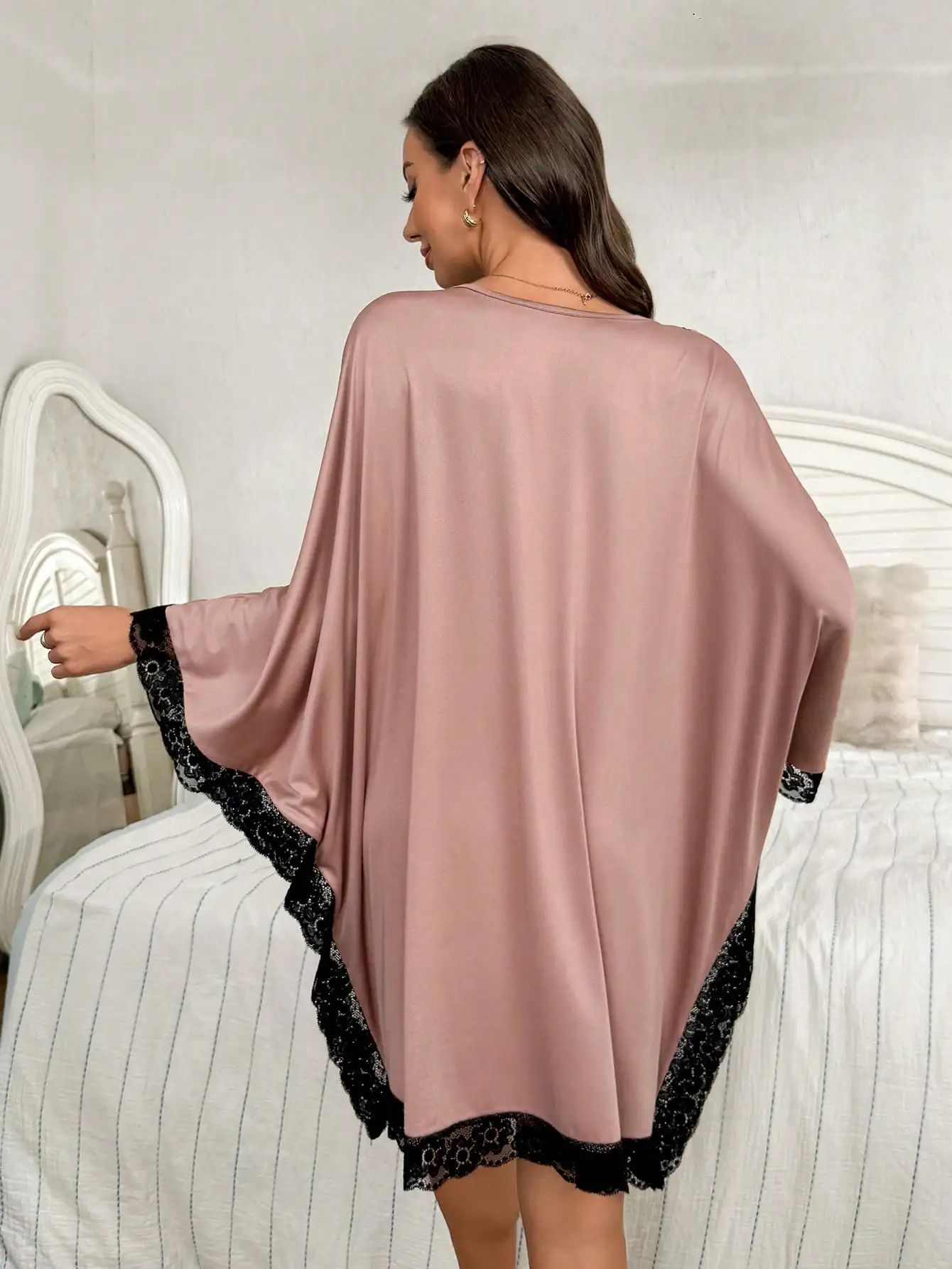 

Olive Green Lace Trim Dolman Sleeve Sleep Dress for Women