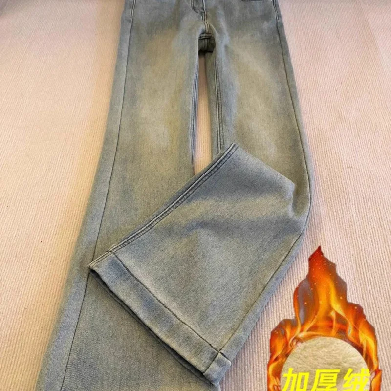 

Расклешенные джинсы с высокой талией в корейском стиле для женщин, американские ретро плюс бархатные толстые брюки на осень-зиму 2024, новые узкие брюки с копытами лошади