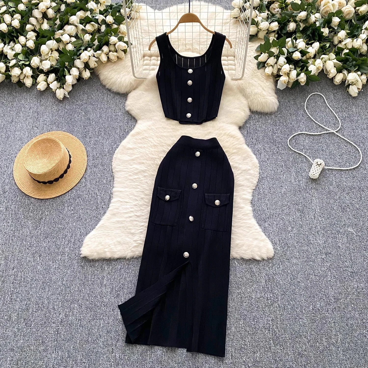 Simple Summer Western Suit Slim Sling Vest Straight High Waist Vent Mujer Faldas Small Fragrance Advanced Set Skirt