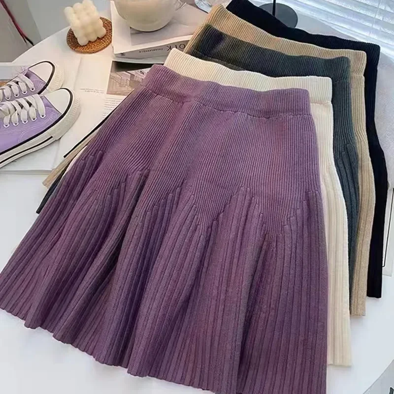 Knitting Skirts Women Minimalist Pure Design All-match Sweet Elegant Daily Retro Folds Korean Style Autumn Mini Faldas Ladies