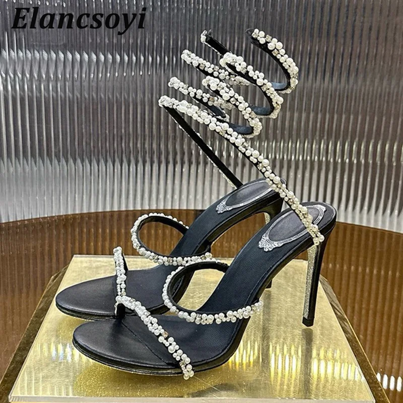 Crystal Pearl High Heels Sandals Women Open Toe Snake Shaped Winding Party Shoes Summer Fashion Gladiator Stiletto Sandalias