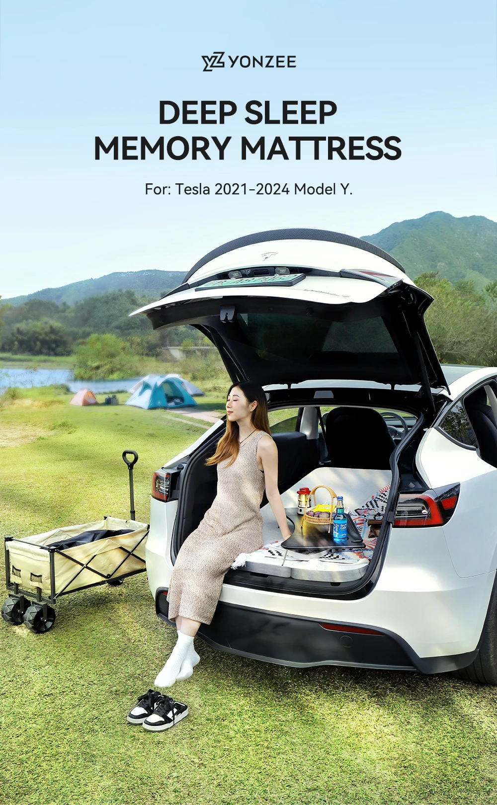 YZ Campingmatratze für Tesla Model Y 2021-2026, Memory-Schaum-Matratze, Reisebett, tragbar, im Auto schlafen, Outdoor-Camping – Detail 3