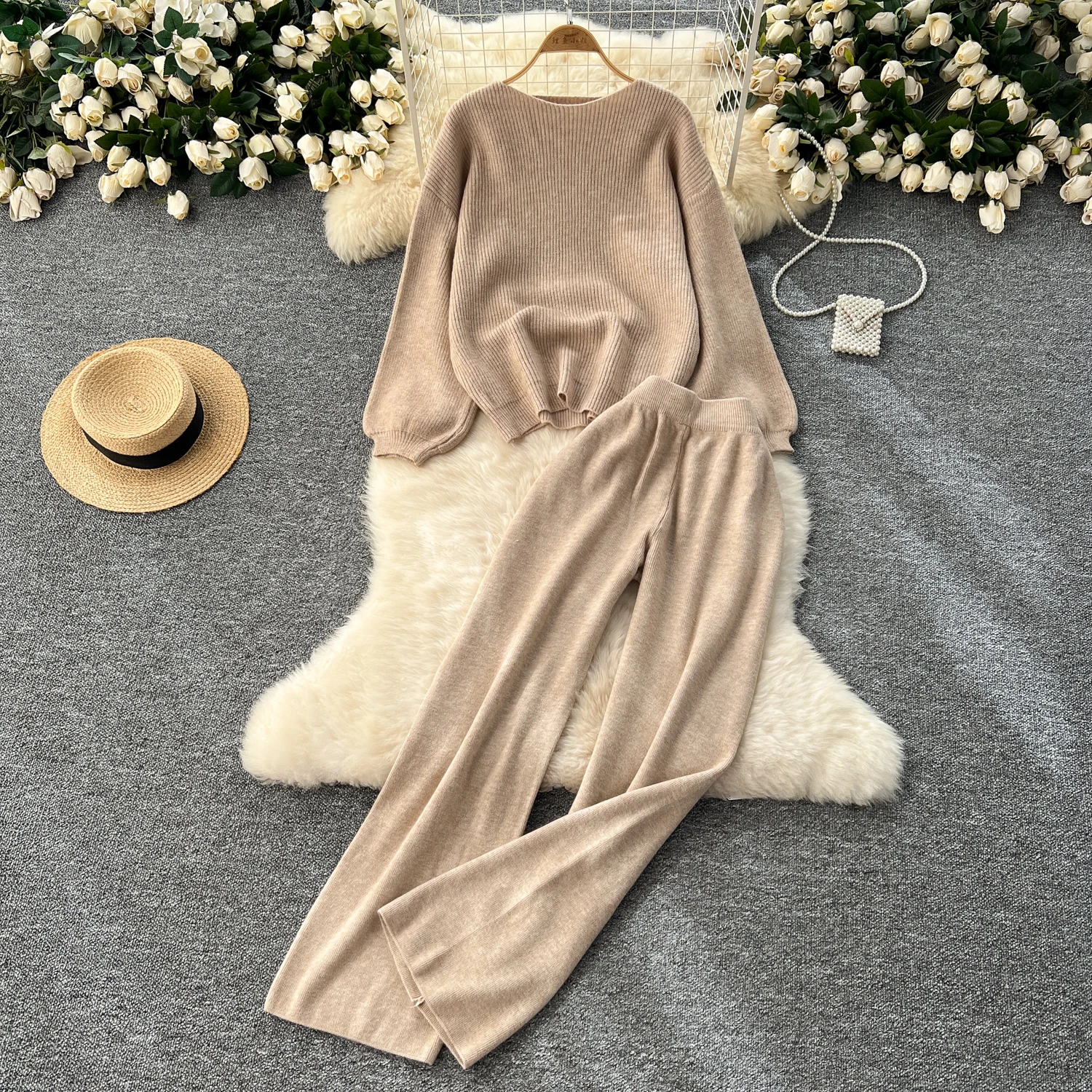 Women Chic Retro Two Pieces Sets Autumn Winter o neck basics knit sweet High Waitst Wide leg pants Fashion Summer Sets