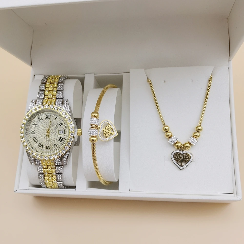 Reloj de cuarzo de lujo para mujer, conjunto de joyería de fiesta Icy, collar con colgante de corazón y amor de acero inoxidable, elegante