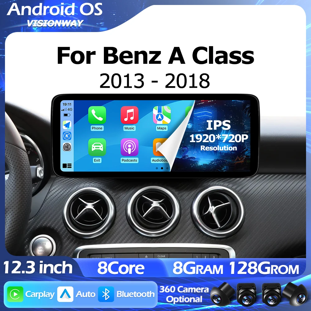 Bluetooth Android 15 12.3 inch For Mercedes Benz A Class 2013-2018 Lntelligent Multimedia Player GPS Carplay BT WIFI 1920*720P