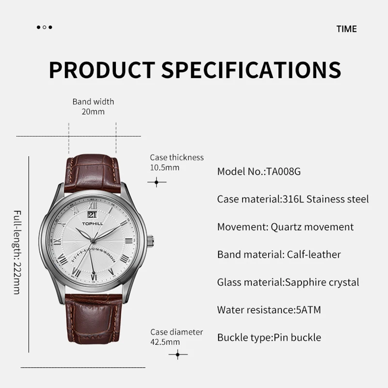 TOPHILL 42.5mm Watch For Men Luxury Imported from Switzerland Ronda505 Quartz Movement Men Watch Sapphire Crystal 50M Waterproof