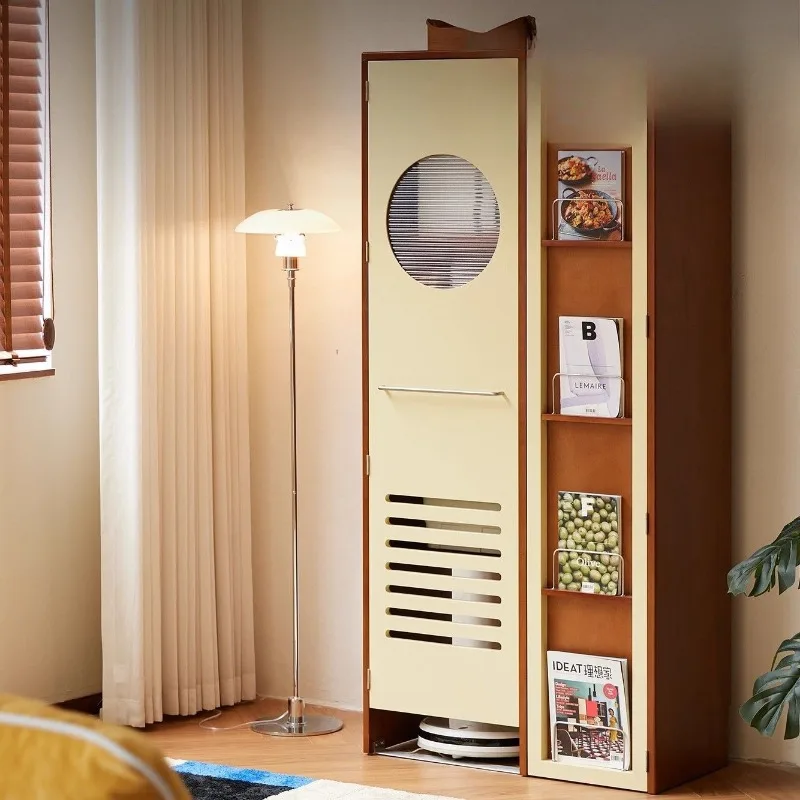

Nordic solid wood housekeeping cabinet retro small apartment movable wall sweeping robot storage cabinet living room locker