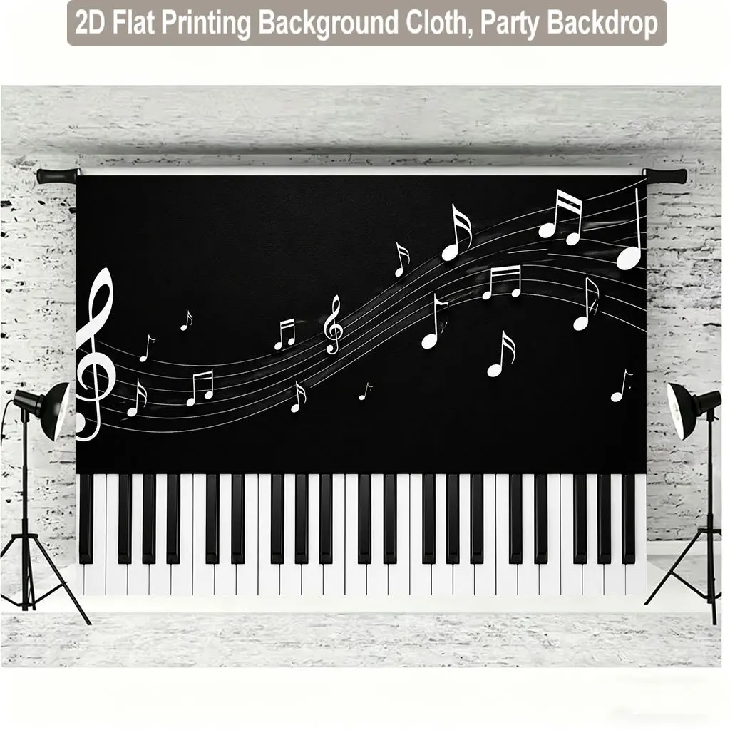 Piano Keys Tapestry 2D Flat Music Notes Wall Hanging Black White Art Decor for Studio Classroom Party Backdrop