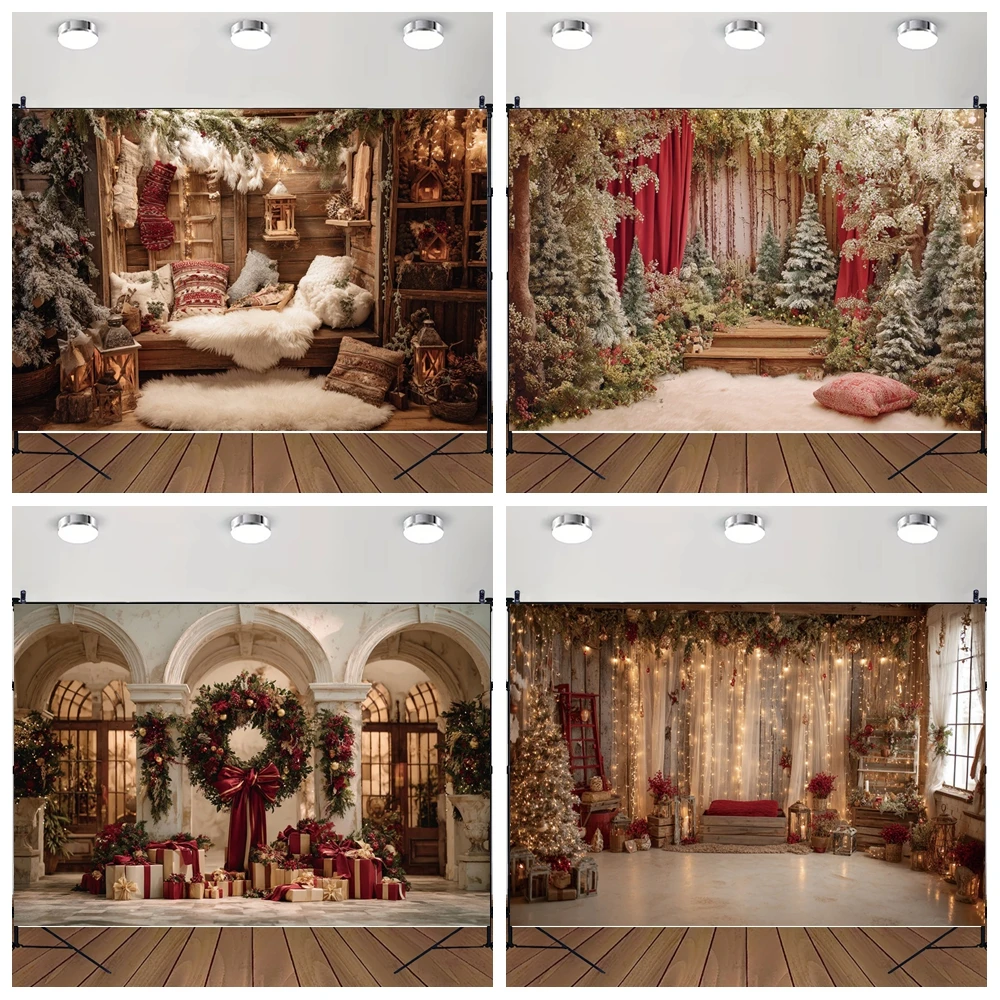 

MOON.QG Retro Christmas Decorations Custom Backdrop Wood Door Glitter Light Background Photocall Portrait Baby Shower Photozone
