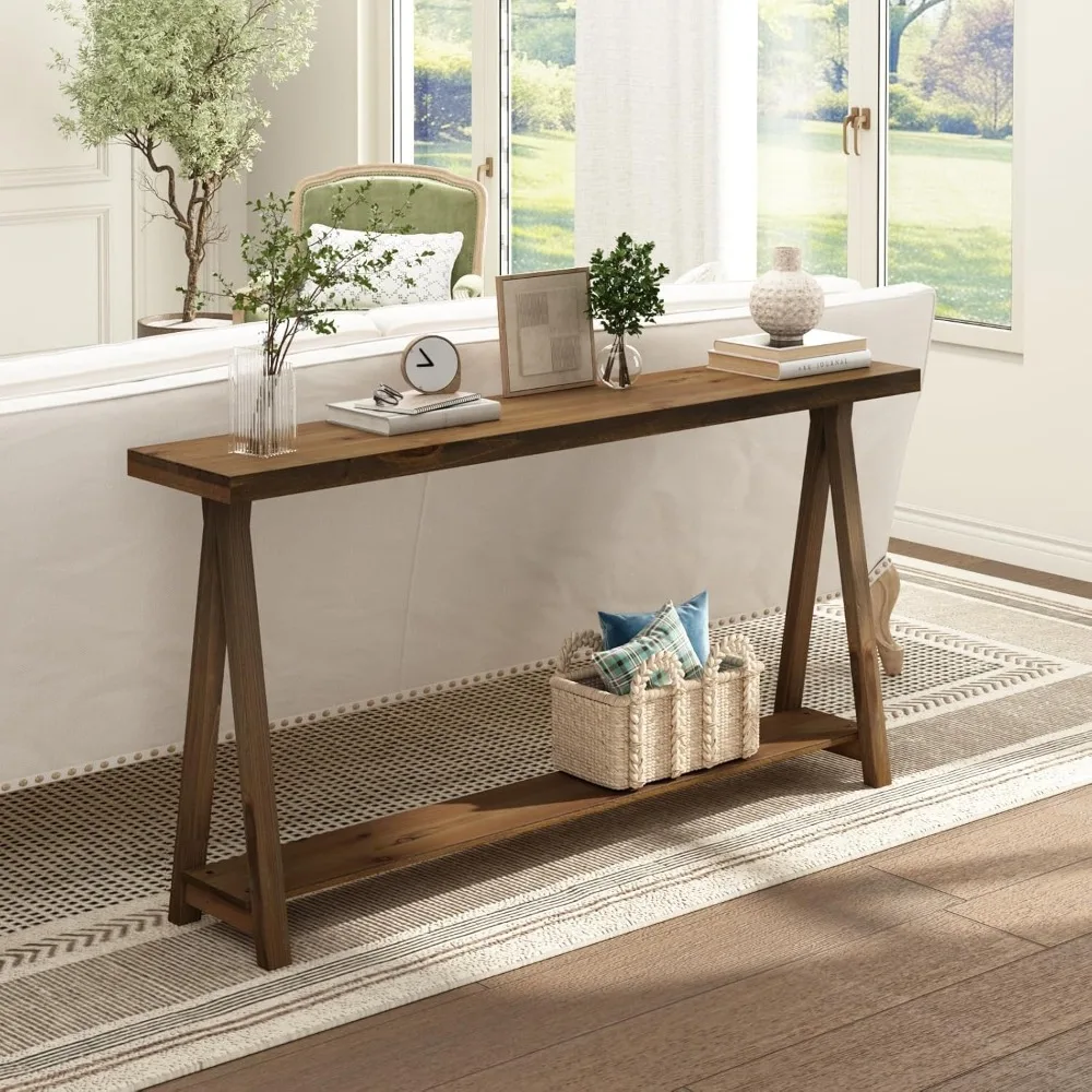 طاولات وحدة تحكم المزرعة لغرفة المعيشة، 63 طاولة أريكة من الخشب الصلب بطبقتين، طاولة مدخل ريفية للمدخل