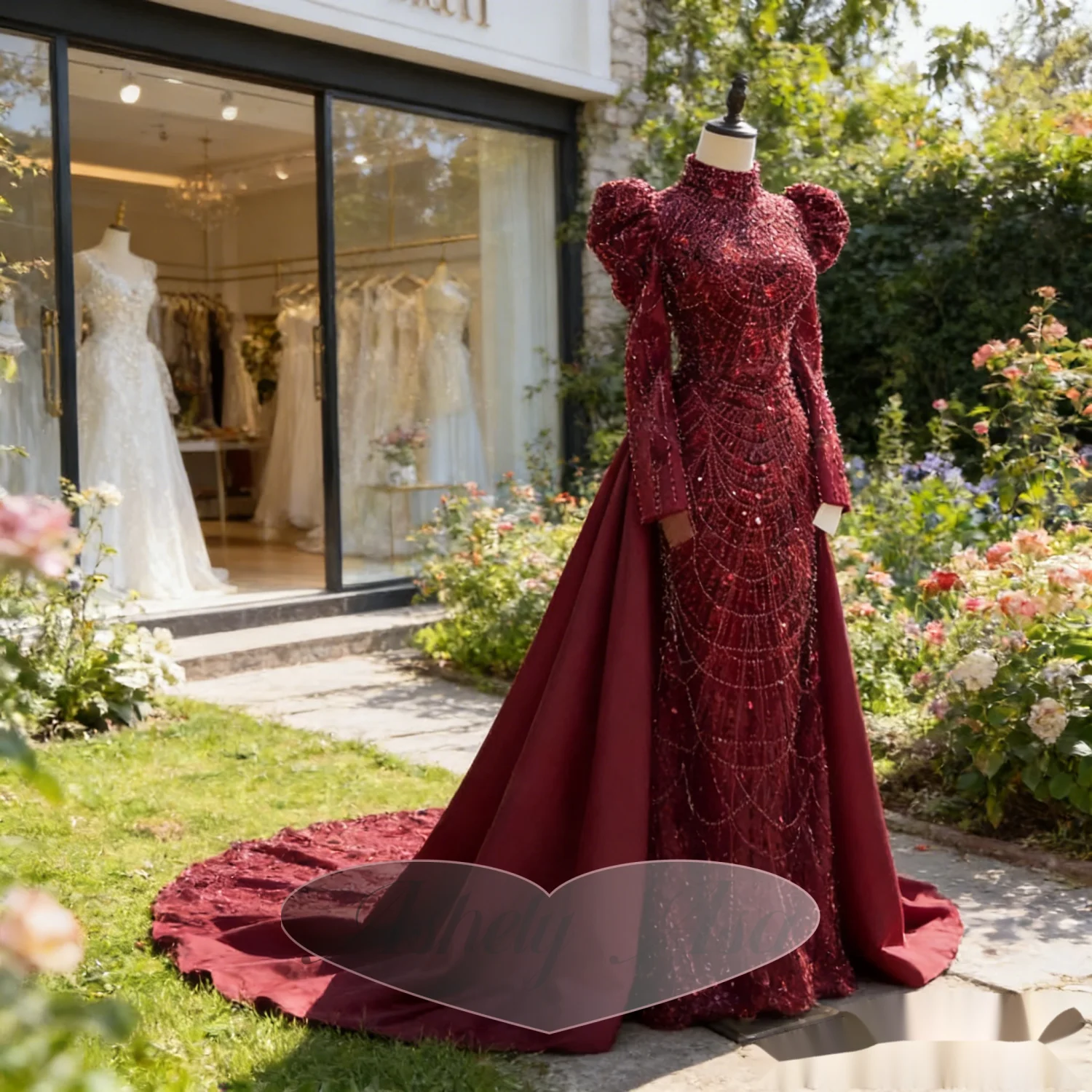 

Customized Burgundy Saudi Arabic Evening Dress Long Sleeve High Neck Pearl Women Formal Occasion Wear Wedding Party Dress