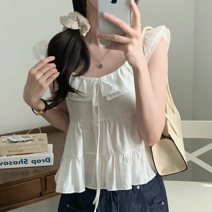 Korean Style Loose Fit Sleeveless Baby Doll Shirt with Bow Tie Large Collar Pure Color Women's Top Fashion Summer 2026