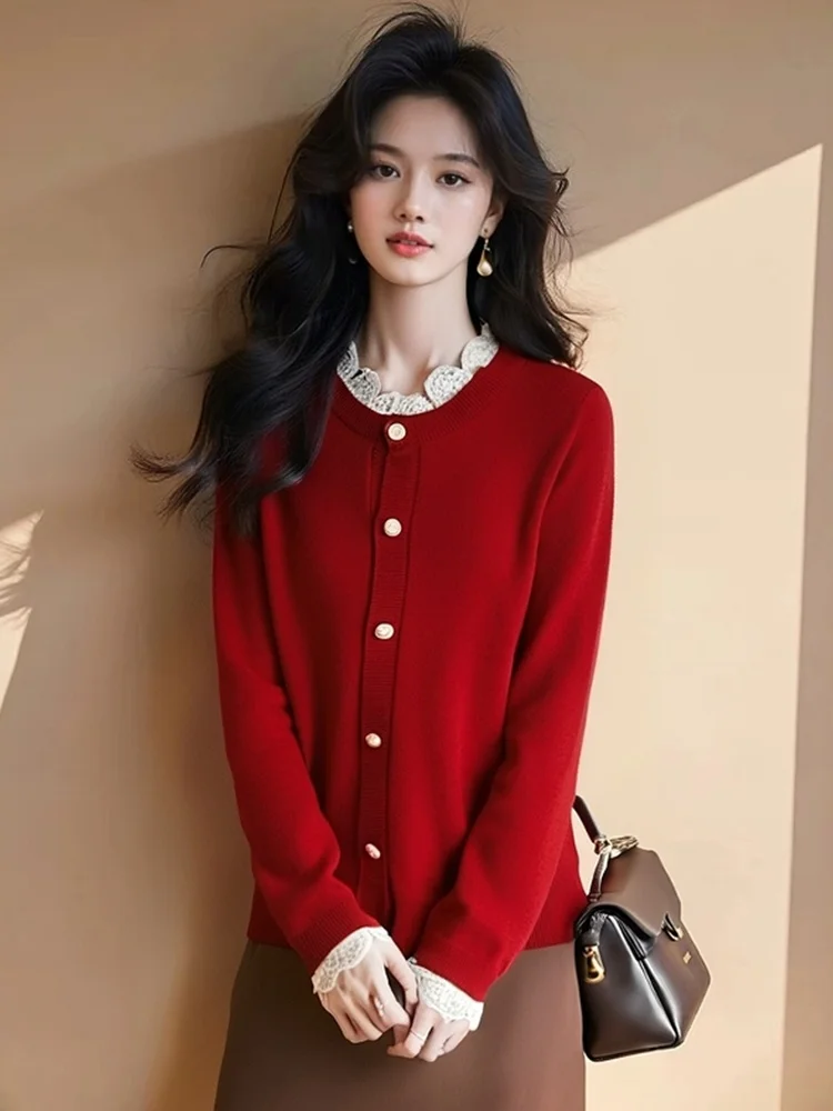 

Ladies' Knitted Long Sve Lace Sweater Coat Button Design Winter New Year Single Row Button Sensation Women's Top Outerwear