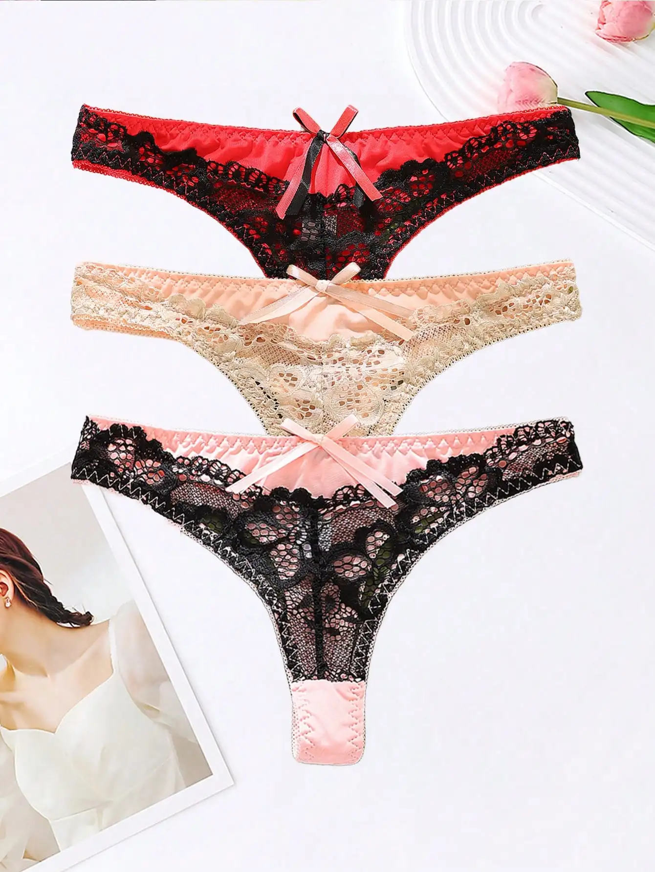 3-teilige Damenunterwäsche, weiche, bequeme und sexy Spitzen-Tanga-Unterwäsche, geeignet für den täglichen Gebrauch bei Damenunterwäsche mit niedriger Taille.