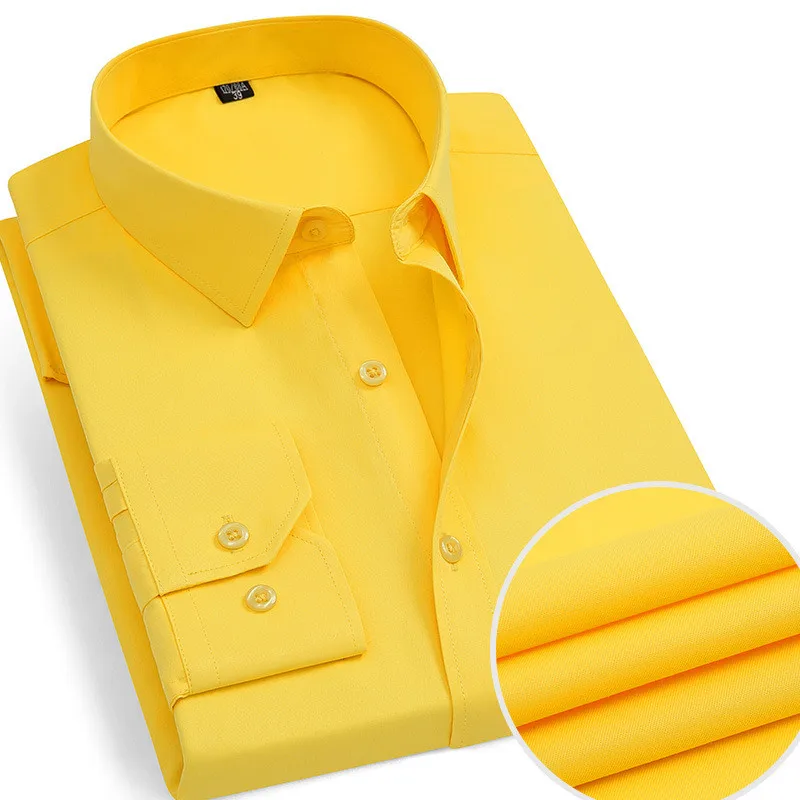 

Classic Men's Formal Dress Social Shirt Spring Long Sleeve Business Solid Color Slim Fit Casual Yellow White Stripe Plaid Tops