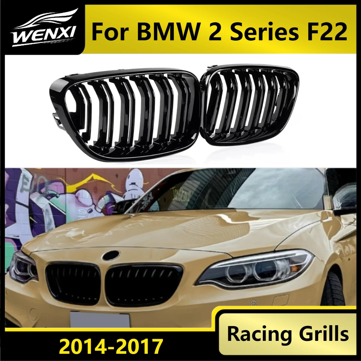 

New Car Front Bumper Grilles Kidney Racing Grill Double Slat Grille Gloss Black Accessories For BMW 2 Series F22 2014-2017