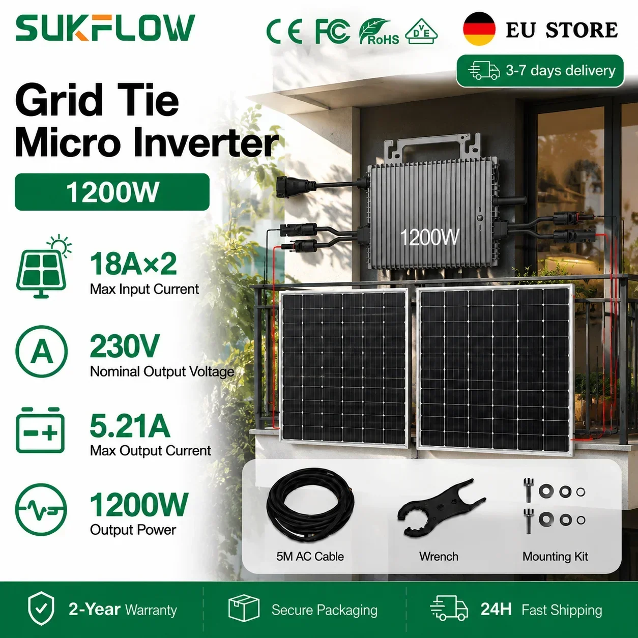 1200W Mikrowechselrichter MPPT WiFi-Überwachung Plug & Play Balkon-Solarsystem Netzgekoppelter Wechselrichter 230V