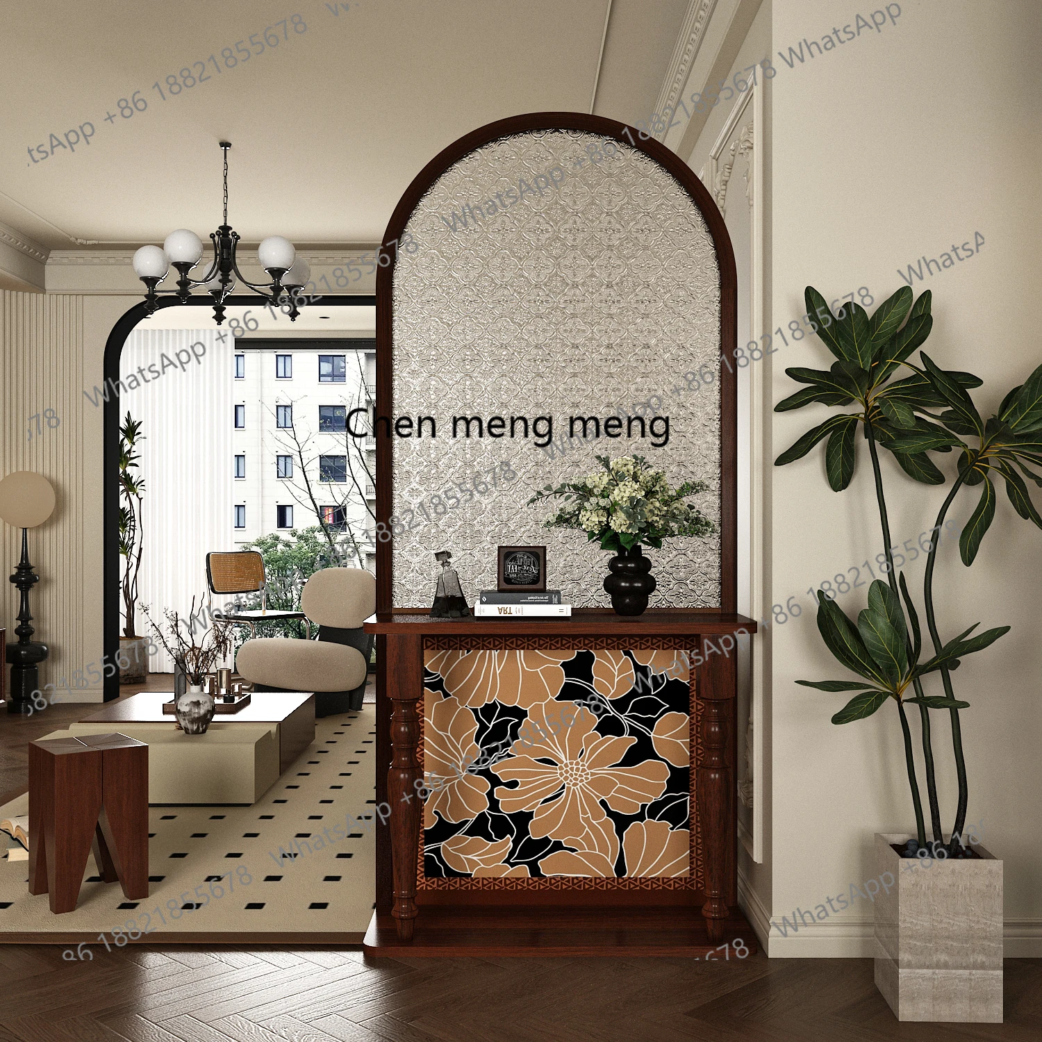 

Medieval retro glass screen partition living room porch blocking movable solid wood seat screen rack