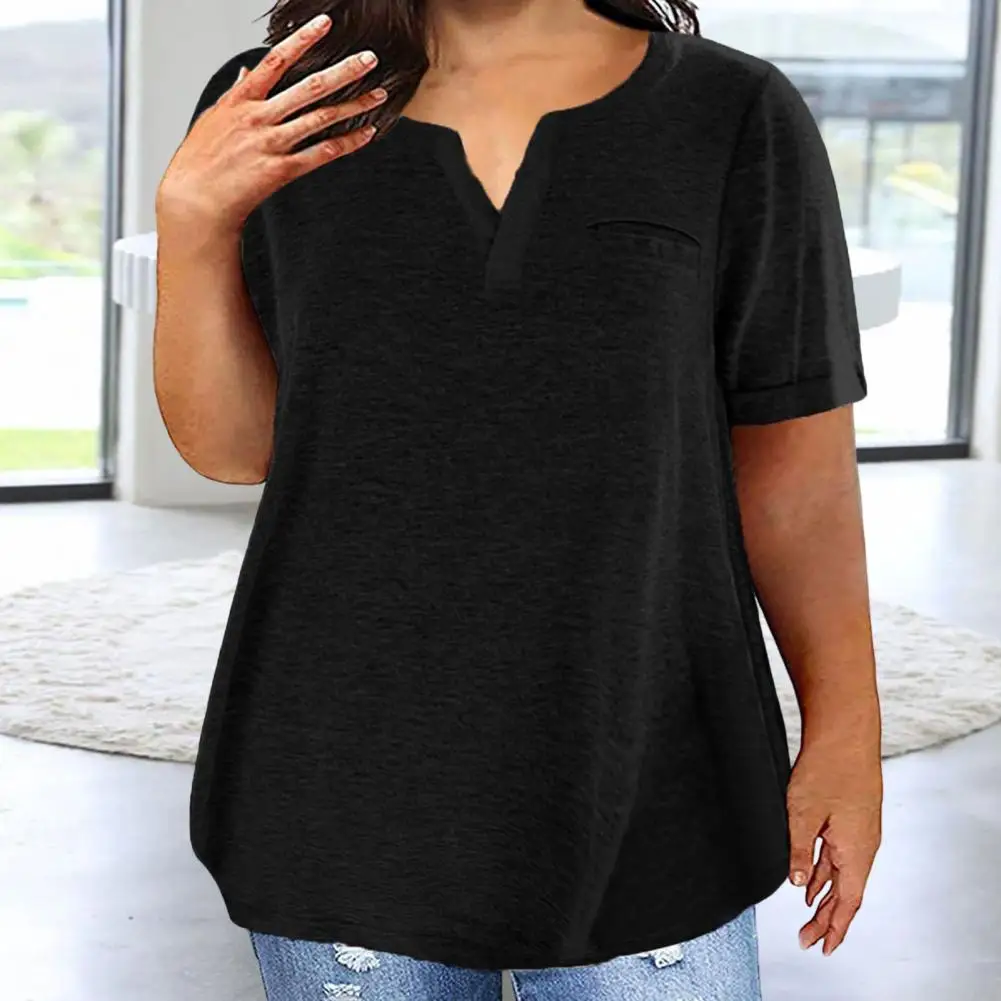 

Women V-neck T-shirt Women Tops Women’s V-neck T-shirt with Chest Pocket Short Sleeve Top Loose Fit Solid Color Tee for Wear