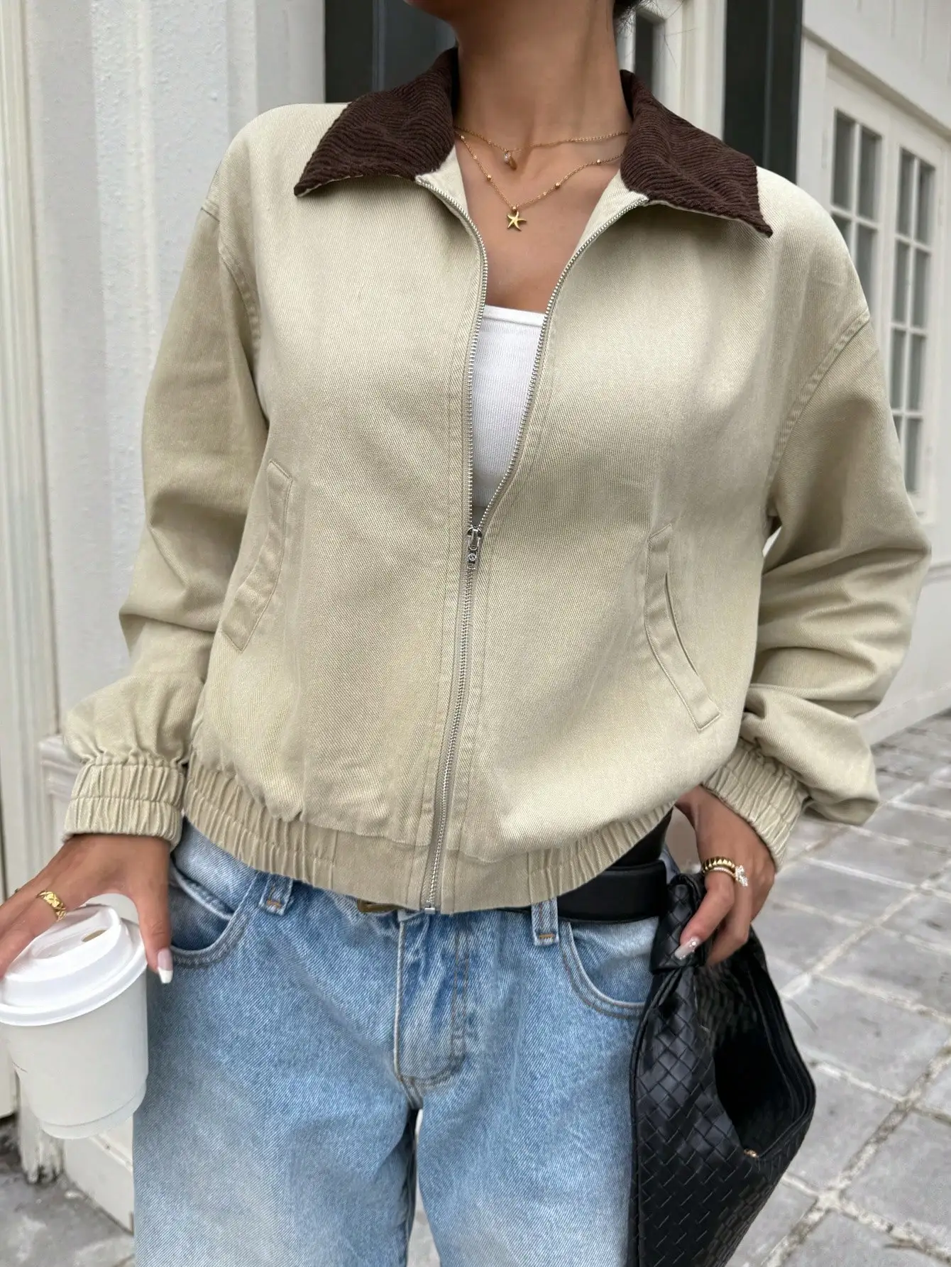 

Women's Color Block Corduroy Collar Zip Front Jacket, Loose Fit Fall Style, Y2K Vibe