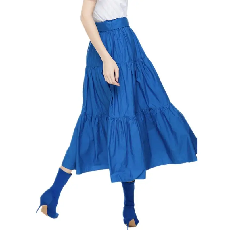 

2024 Spring Autumn women plus size Ruffled sweet long skirt,High Waist cotton linen maxi party skirts blue yellow 6XL 7XL