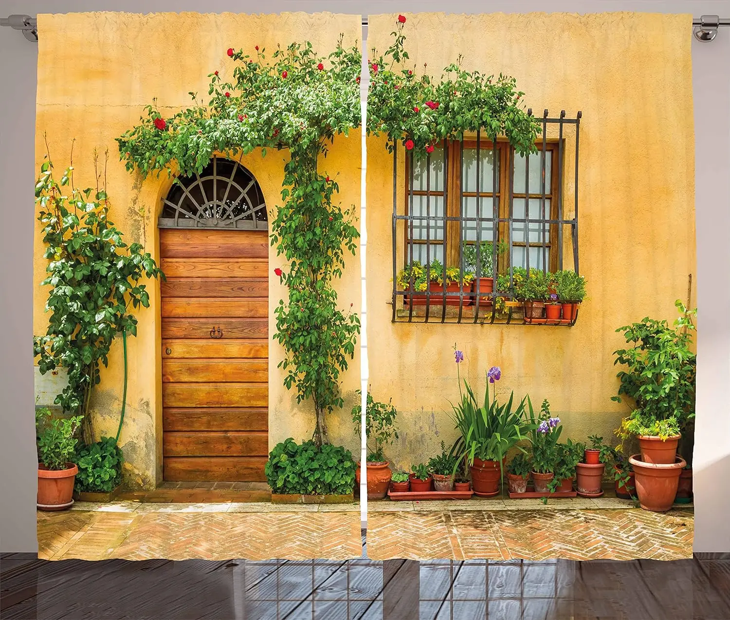 

Italian Courtyard Curtain Wooden Door and Potted Plant Print for Living Room Window Decor