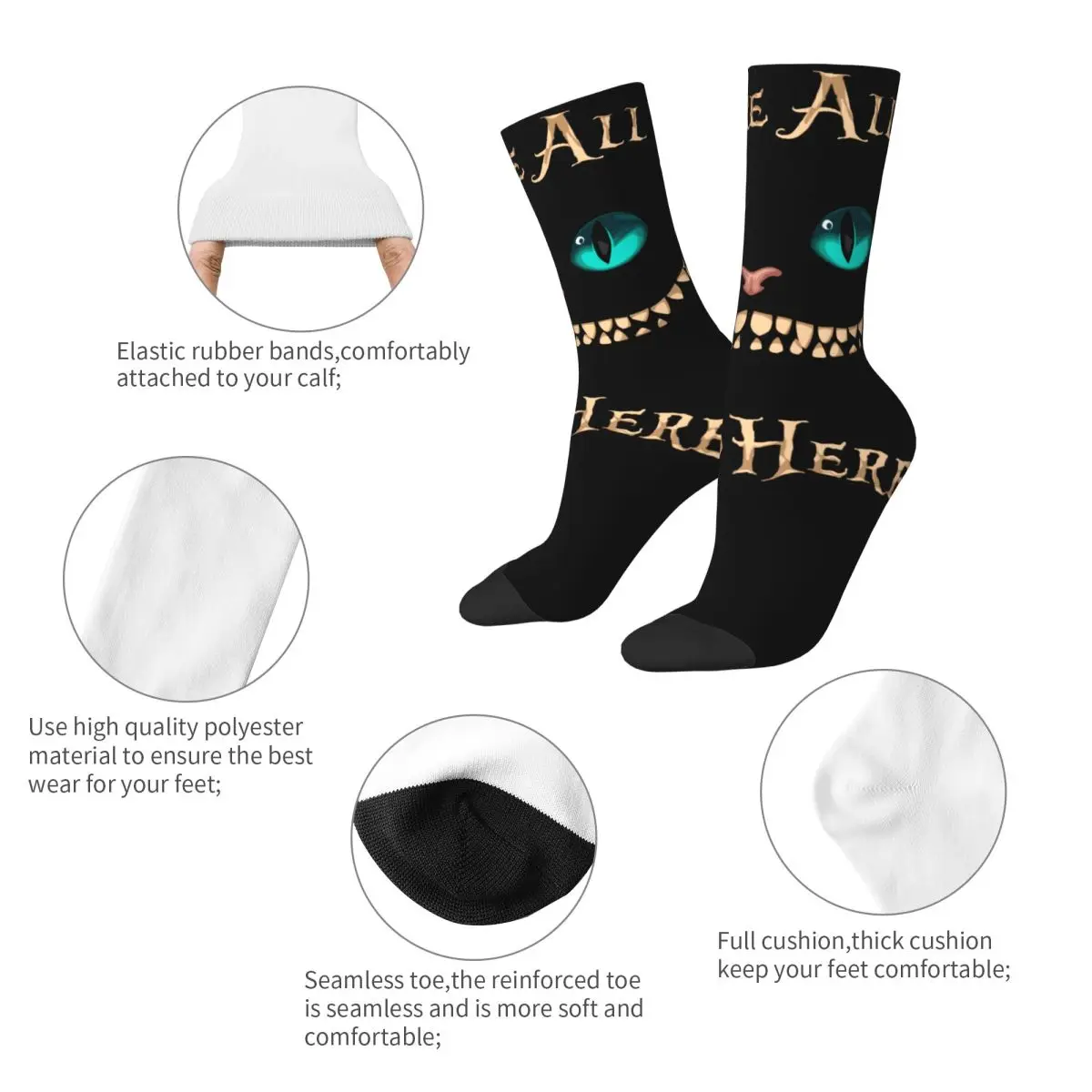 Retro Alice In Wonderland Cheshire Cat Skateboard Socks Polyester Middle Tube Socks for Unisex Non-slip