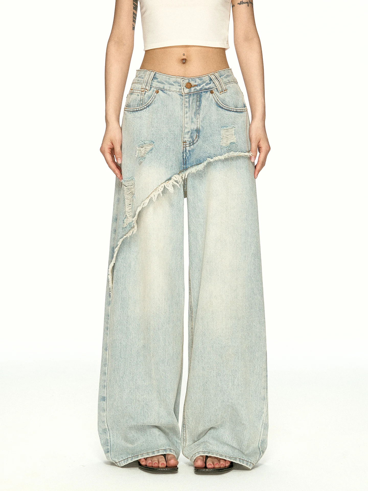 Aaisup American Style High Waist Loose Straight Leg Jeans Women Summer Design Sense Hole Wide Leg Pants Casual Denim Skinnier