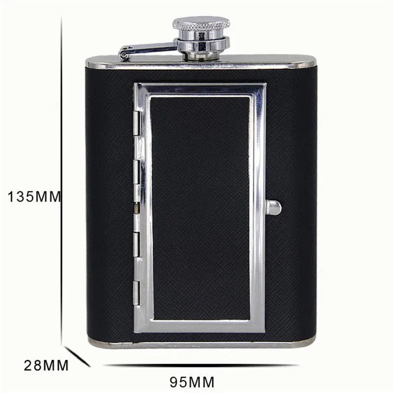 6oz Portable Hip Flask Stainless Steel Black PU Leather Flagon Wine Pot Liquor Alcohol Cap Drinkware Cigarette Case