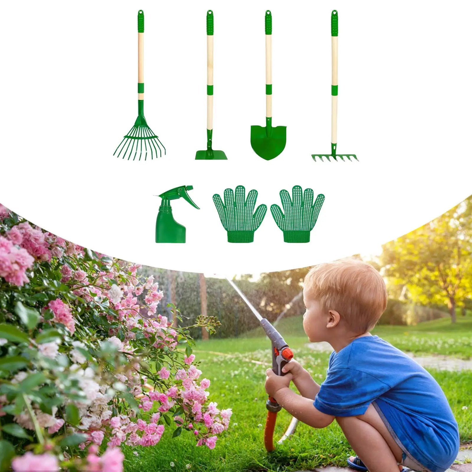 

6Pcs Kids Gardening Tools Set, with Spray Bottle for Boys Girls, Practical, Gifts with Gloves Spade Rake Leaf Rake Hoe Set