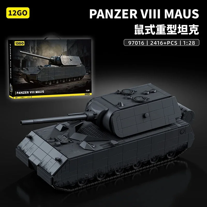 Panzer VIII Maus Tank 12GO 97016 Building Blocks, 1:28 Scale Replica with Rotating Turret & Elevating Barrel, STEM Collectible