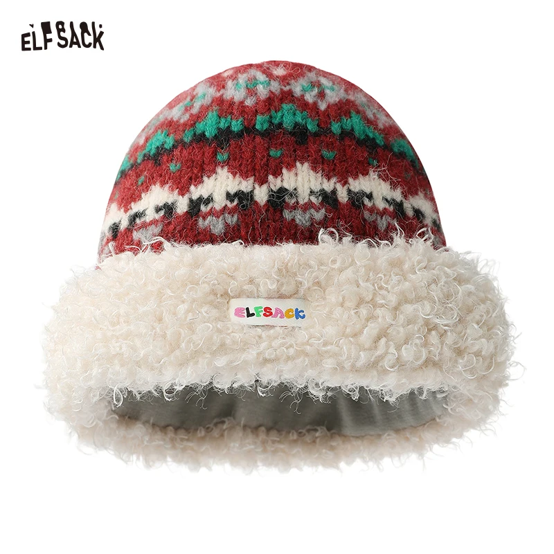ELFSACK 2025 Winter New Arrivals Multi Color Fair Isle Warm Knit Beanie For Women