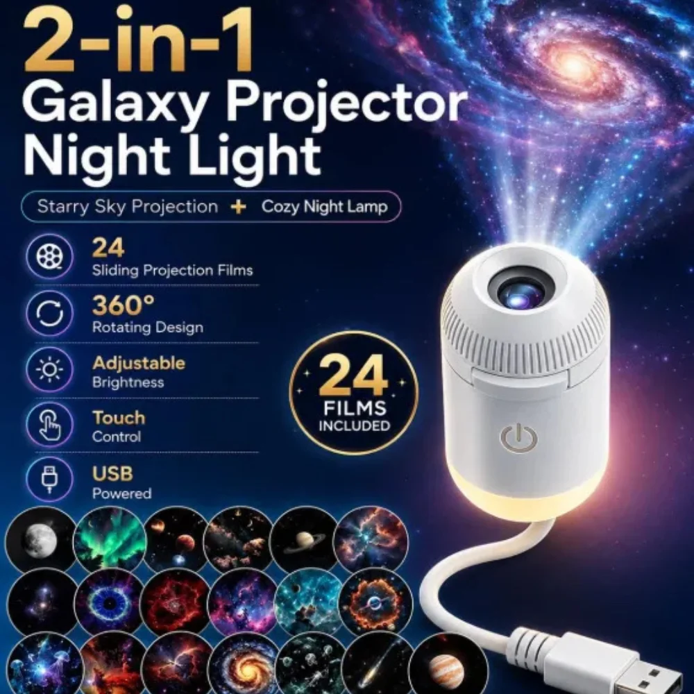 2 In 1 Usb Mini Galaxy Projector Night Light 24 Films Starry Sky Ambient Light For Car Home Decoration For Adults And Kids